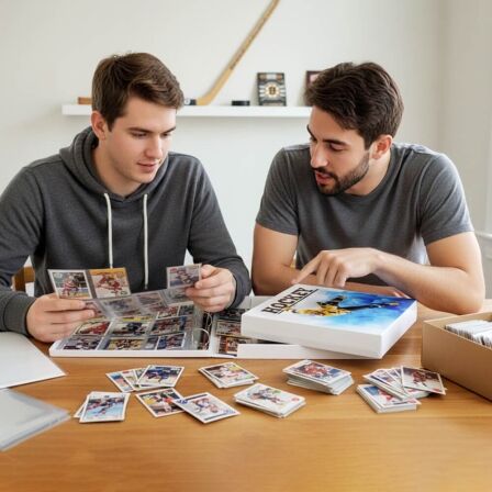 XL Hockey Themed Trading Card Storage Kit - Metal Rings Guys collecting and re-organizing hockey cards in a hockey card binder