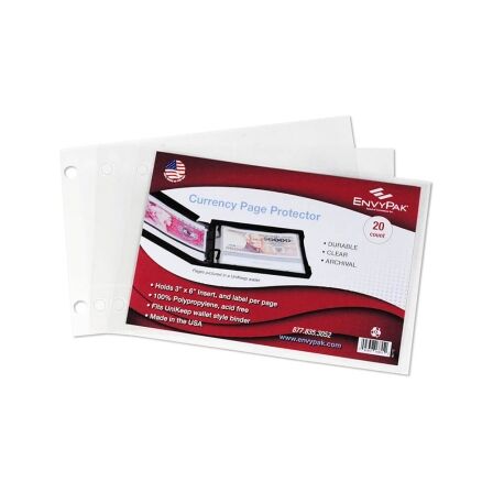 Currency Page Protector - Holds 3" x 6" Inserts - Pack of 20 - Fits Mini Binder Currency Sleeves and Holders