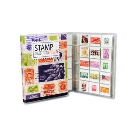 Stamp Collection Kit - Mini Binder An open stamp collecting binder kit displaying an assortment of stamps in sleeves