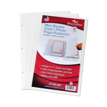 Recipe Card/Photo Page Protector - Holds 5" x 7" Sheets - 50 Pack - Fits Mini Binder Photo Page Protector