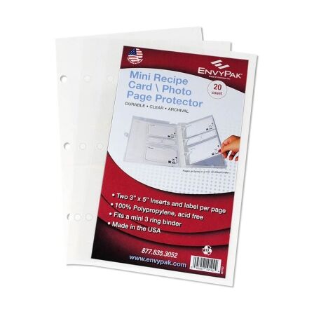 3x5 Card Sleeves - 2 Pocket Recipe Card/Photo Page - Pack of 20 - Fits Mini Binder recipe card protectors 3x5