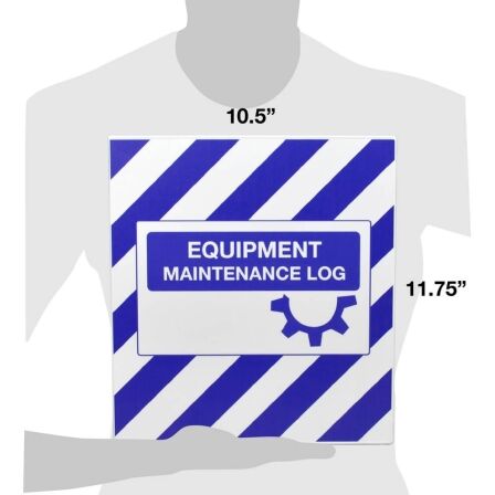 Equipment Maintenance Kit, Made in the USA. A man stands holding a blue and white sign that reads "Equipment Maintenance Log," emphasizing the importance of maintenance records.