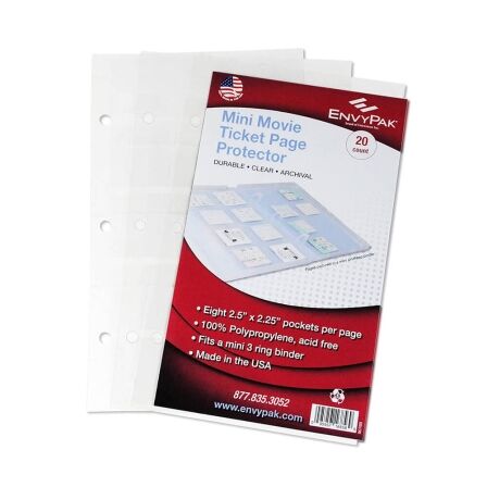 8 Pocket Movie Ticket Stub/Postage Stamp Page Protector - Holds 2.2″ x 2.5″ Inserts - 20 Pack - Fits Mini Binder page protectors