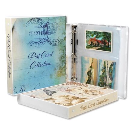 Postcard Collector Storage Case<br>- 20 Acid-Free Pages<br>- Holds up to 120 Postcards A decorative postcard collection box with a card holder and an album for storing and displaying postcards.