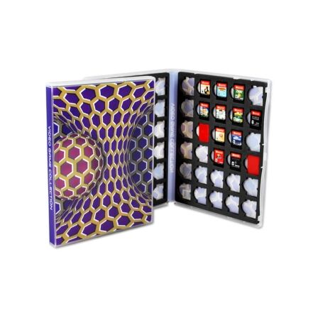 Nintendo Switch Cartridge Case, Holds 60 Video Games - Illusion Spinning Ball DX - Mini Binder A vibrant book cover surrounded by various items, including a Nintendo Switch cartridge case, showcasing a playful collection.
