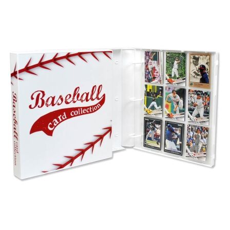 Baseball Themed Card Binder<br> – Holds 180 Cards<br> – Complete With 10 Pages Open baseball card binder displaying sleeves with sports cards in them.