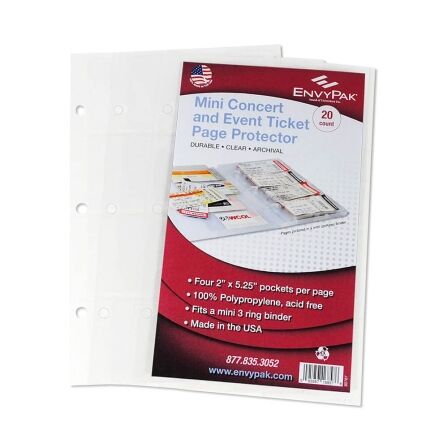 4 Pocket Concert Ticket Page Protector, Top Loading - Holds 2”x 5” Stubs - 20 Pack - Fits Mini Binder 4 Pocket Sheet Protectors