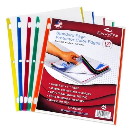 Sheet Protectors Primary Color-Coded Edges 8.5" x 11"<br>- Pack of 100 Sheet Protectors For Binders