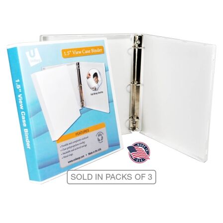 1.5 Inch Clear View 3-Ring Binder - Metal Rings - 3 Pack of Binders - Made in USA. 1.5 inch 3 ring binder, pack of 3