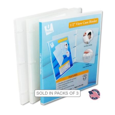 0.5 Inch Clear View 3-Ring Binder - Case Enclosed - 3 Pack - Made in USA. A pack of 3, 1/2 inch clear view binders