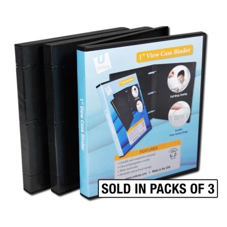 1 Inch 3-Ring View Binder With Clear Overlay - Enclosed Case - Pack of 3 - Made in USA Pack of 3, 1 inch binders
